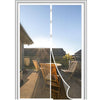 A magnetic screen door curtain is shown in a vertical split view, revealing an outdoor patio area.