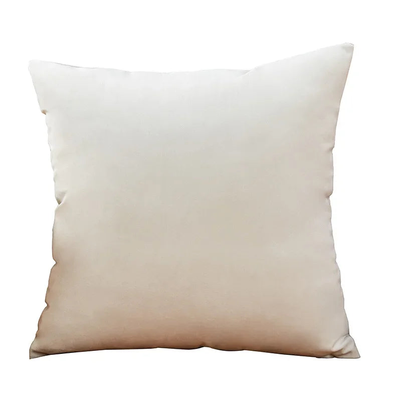 A square, light beige velvet throw pillow cover resting on a white background.