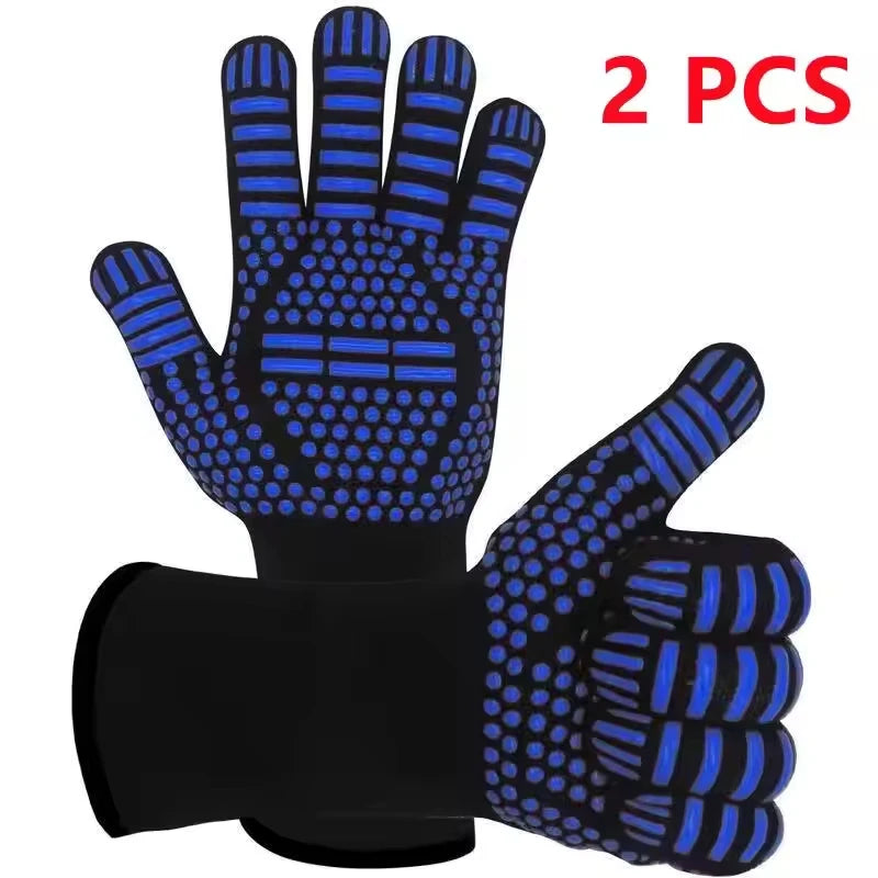 A pair of black heat resistant BBQ gloves with blue silicone grips shown against a white background.