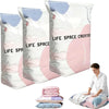 Three white vacuum storage bags with pink accents and rolled fabric are shown next to a man.
