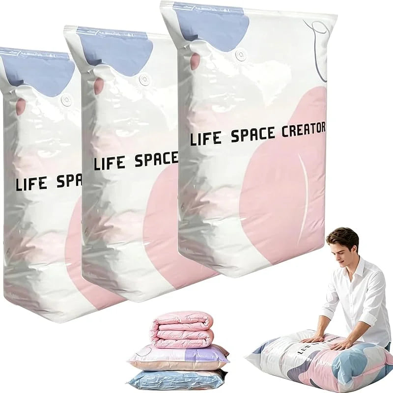 Three white vacuum storage bags with pink accents and rolled fabric are shown next to a man.