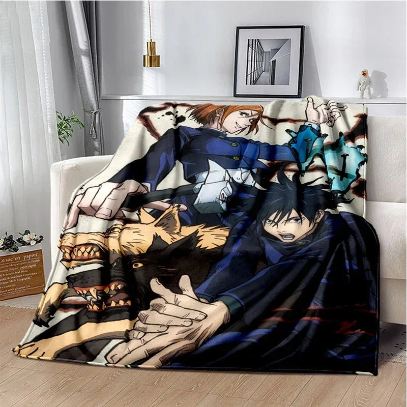 A dark-themed anime throw blanket featuring characters from Jujutsu Kaisen in a dynamic, artistic style.