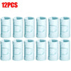 Twelve light blue non-slip bed sheet grippers with adjustable clips shown in a row.