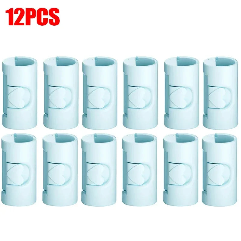 Twelve light blue non-slip bed sheet grippers with adjustable clips shown in a row.
