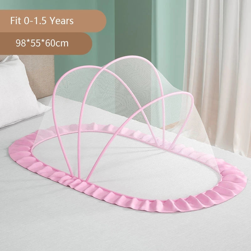 Pink foldable mosquito net canopy for infant cots, suitable for 0-1.5 years.