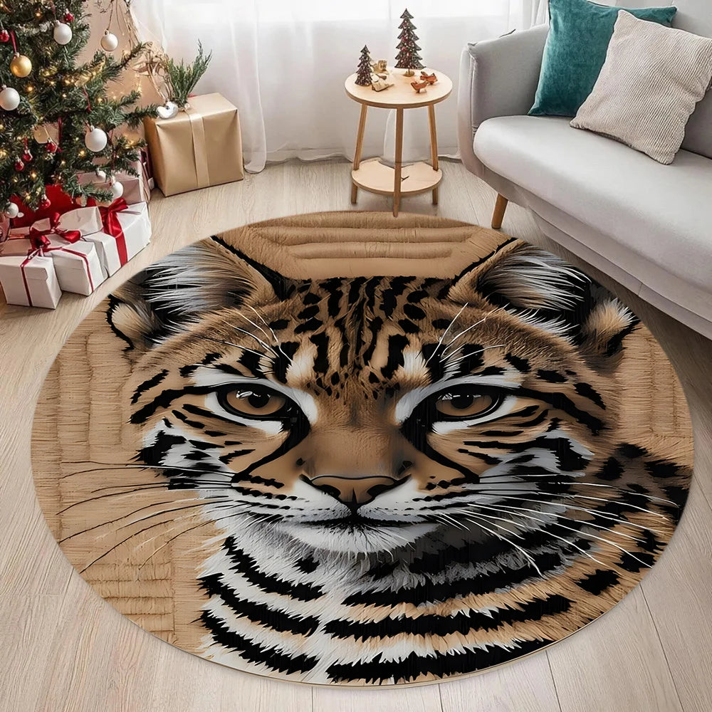 A circular leopard print anti-slip door mat rug featuring a realistic tiger face design.