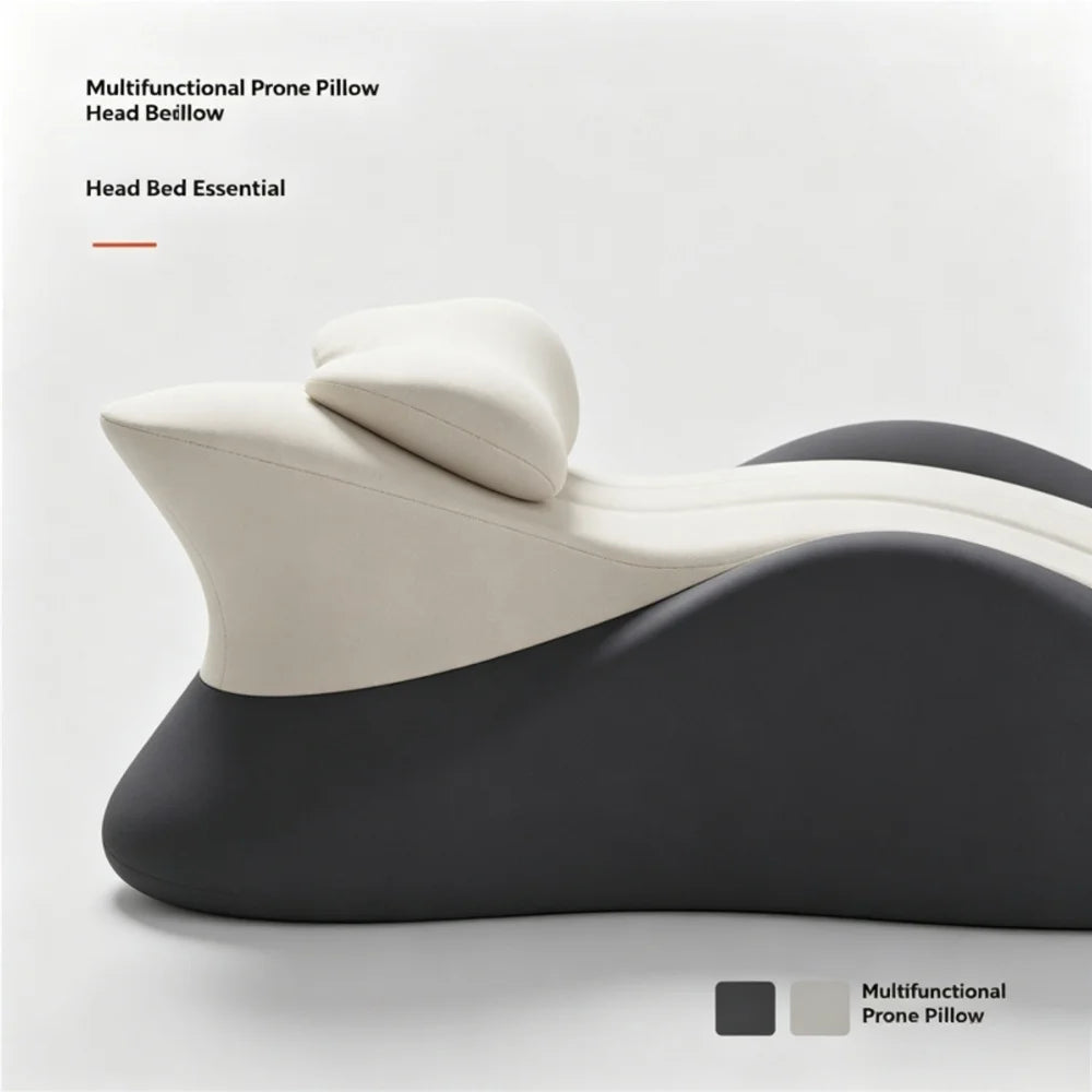 A close-up view of a multifunctional prone pillow in beige and dark gray colors.