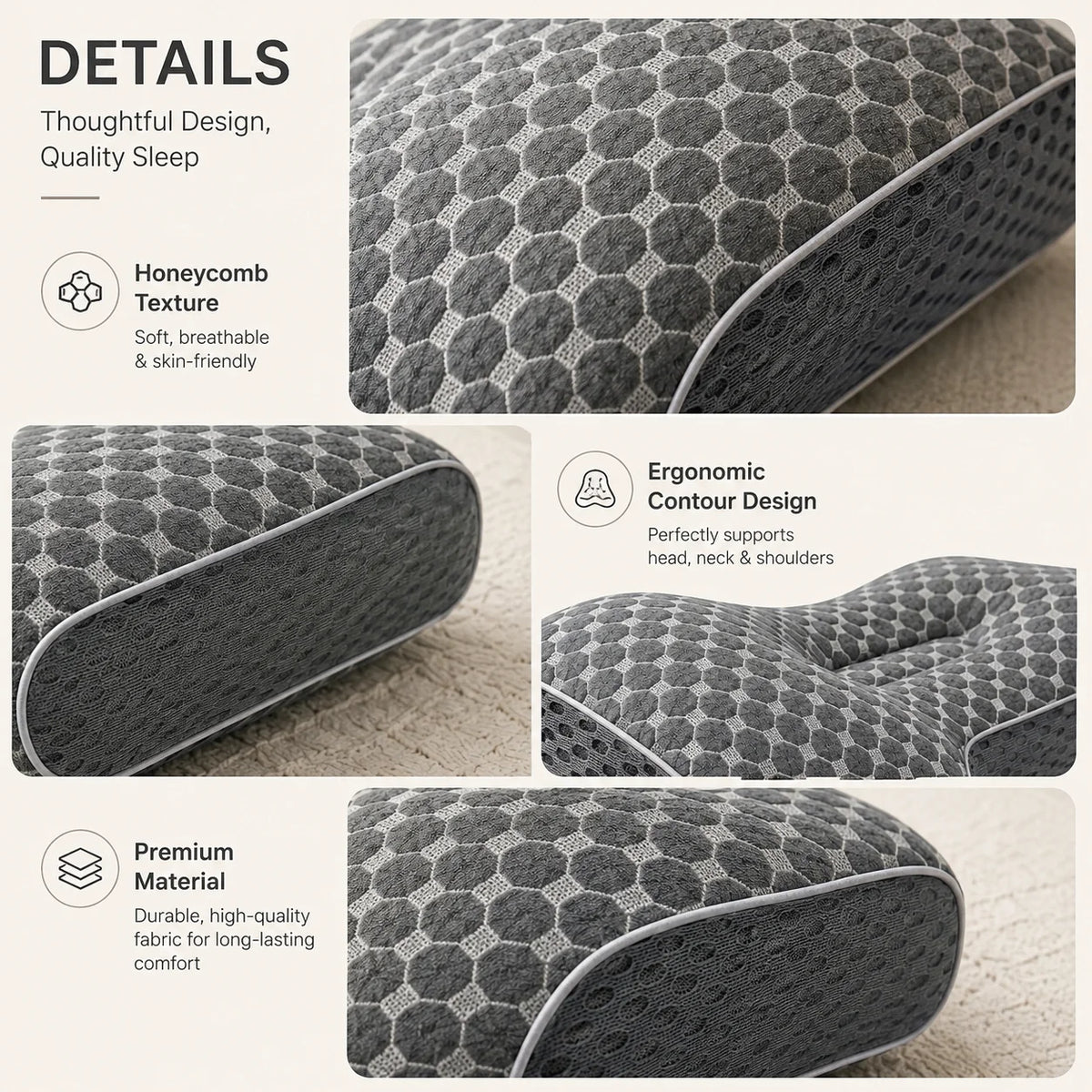 Close-up view of a gray honeycomb texture pillow designed for neck and shoulder support.