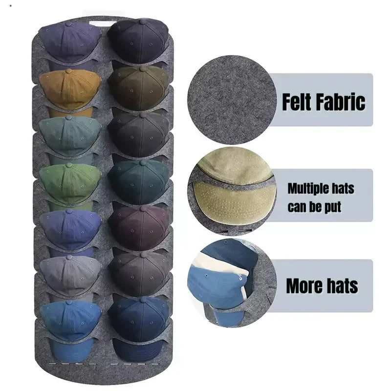 A felt hat storage rack organizer with multiple slots for hanging hats.