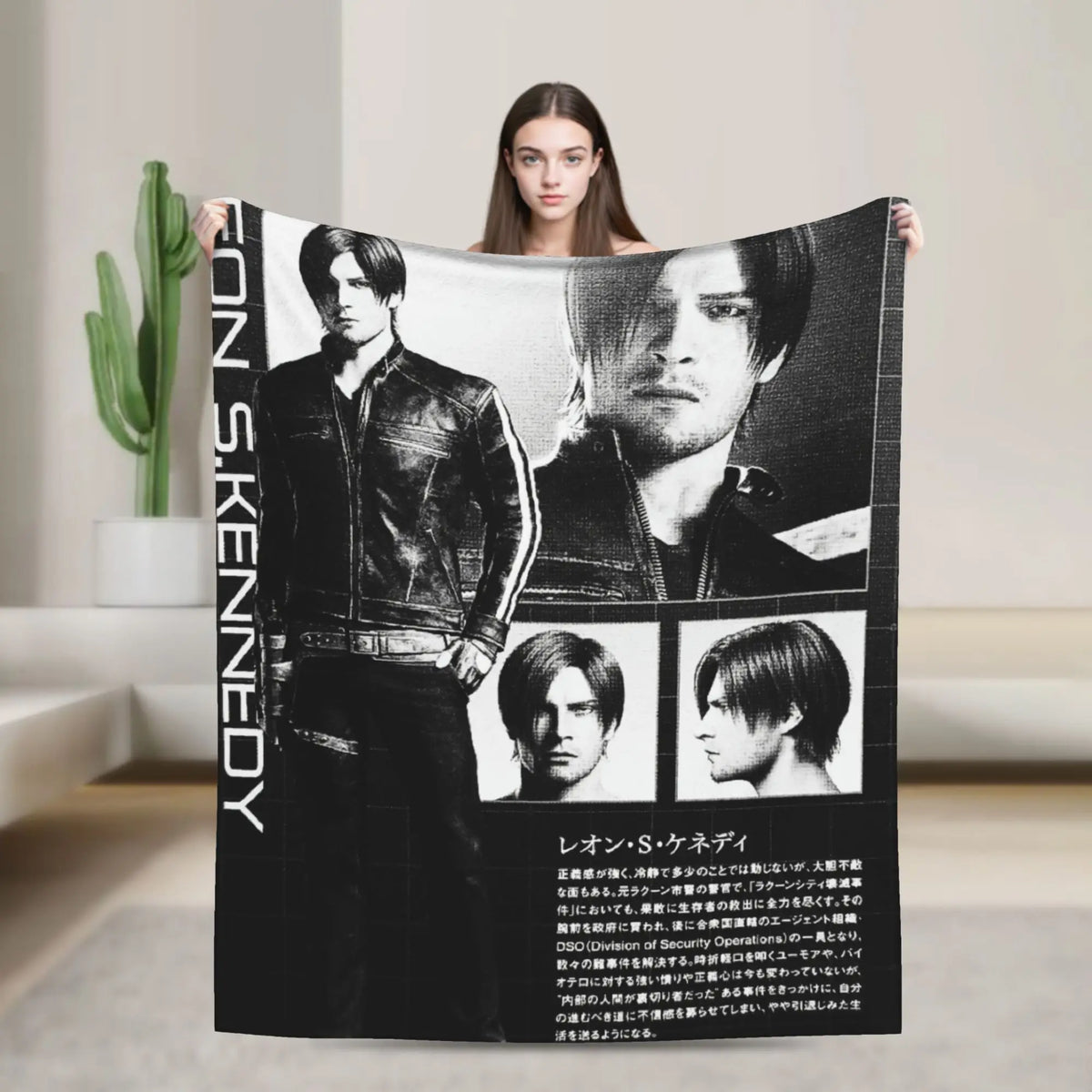 A black and white graphic throw blanket featuring a portrait of a man.