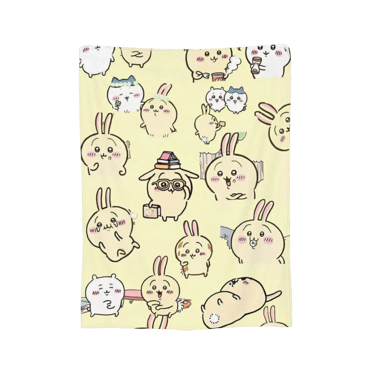 A yellow flannel throw blanket featuring a pattern of cute Chiikawa cartoon characters.