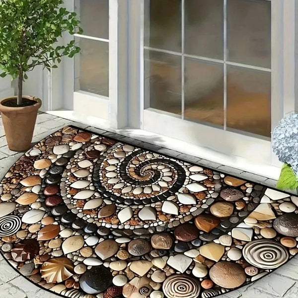 A vintage stone doormat featuring a spiral design made of various natural stones placed in front of a white window frame.