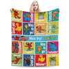 A colorful flannel throw blanket featuring various Sesame Street characters like Elmo and Cookie Monster.