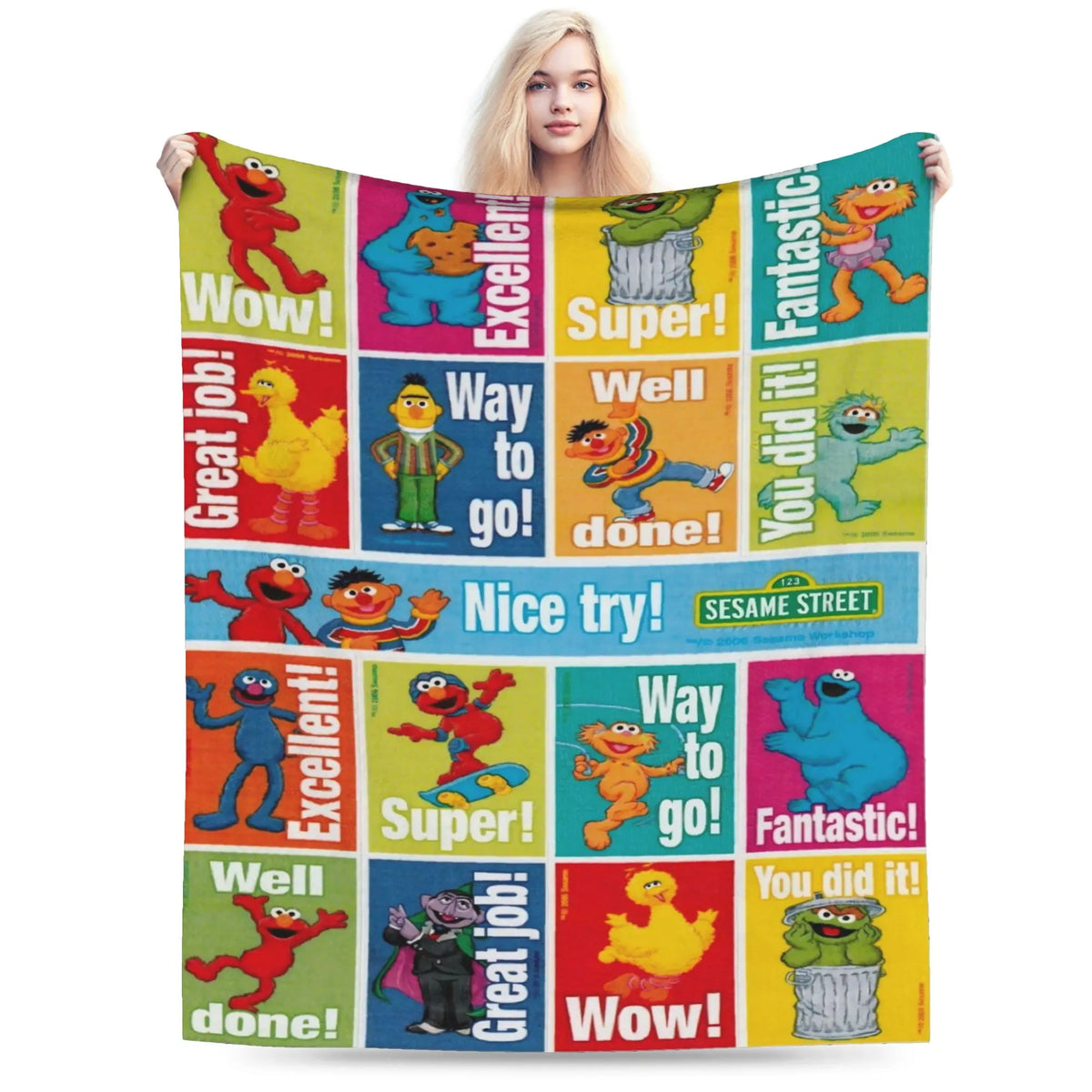 A colorful flannel throw blanket featuring various Sesame Street characters like Elmo and Cookie Monster.