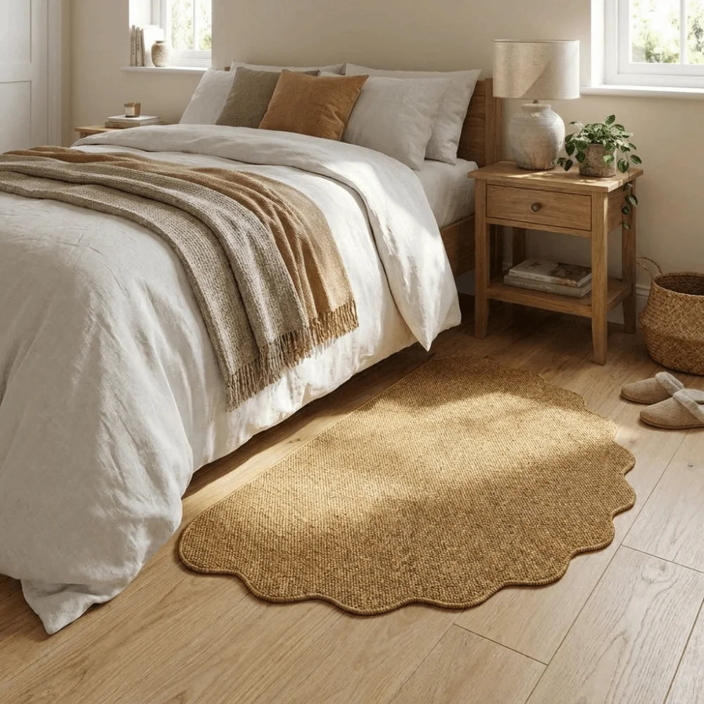 A natural jute non-slip entrance door mat placed on a light wood floor next to a bed.