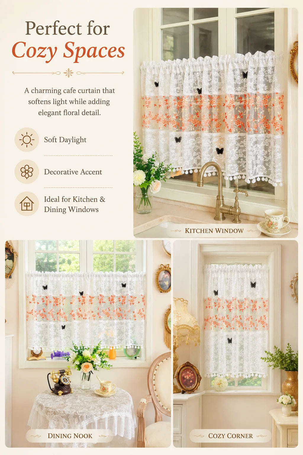 White lace cafe curtain with orange floral embroidery and butterfly applique softening light in a kitchen window.