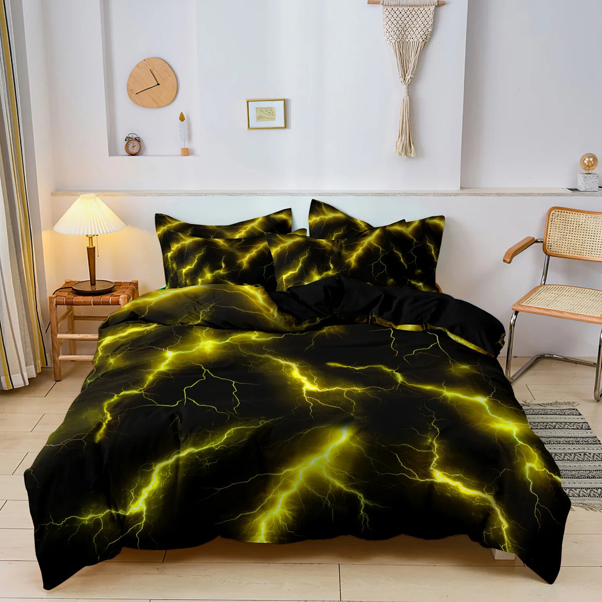 Black duvet cover set featuring a vibrant yellow lightning bolt print on a white background.