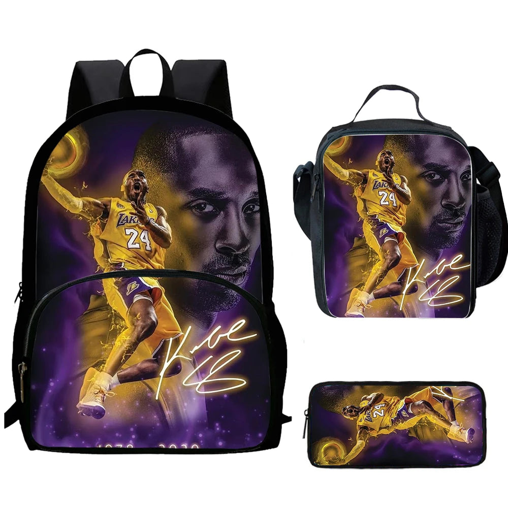 A set of three black backpacks featuring a basketball player graphic in gold and purple tones.
