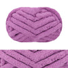 A close-up of a hand-knitted wool finger line scarf in a lavender color with a textured, chevron pattern.