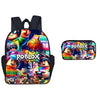 A black backpack and a matching dual-sided pen case featuring Roblox characters and branding.