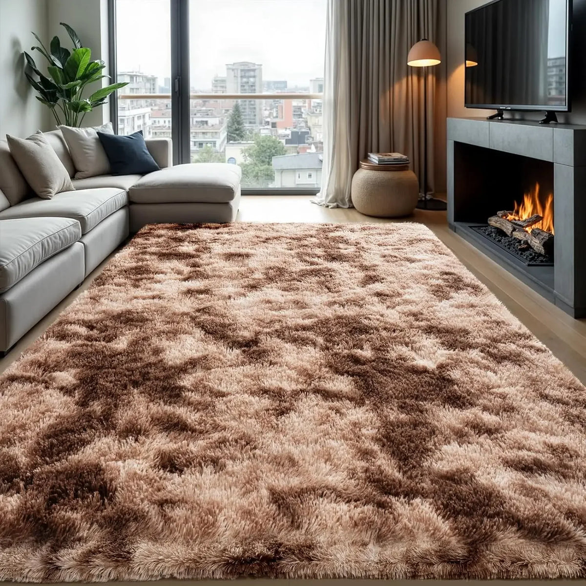 A plush, thick brown shag carpet is laid out in a modern living room with large windows and a fireplace.
