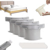 A set of four heavy duty bed sheet corner tightener clips in a light gray color are shown with a bed and a hand applying the 