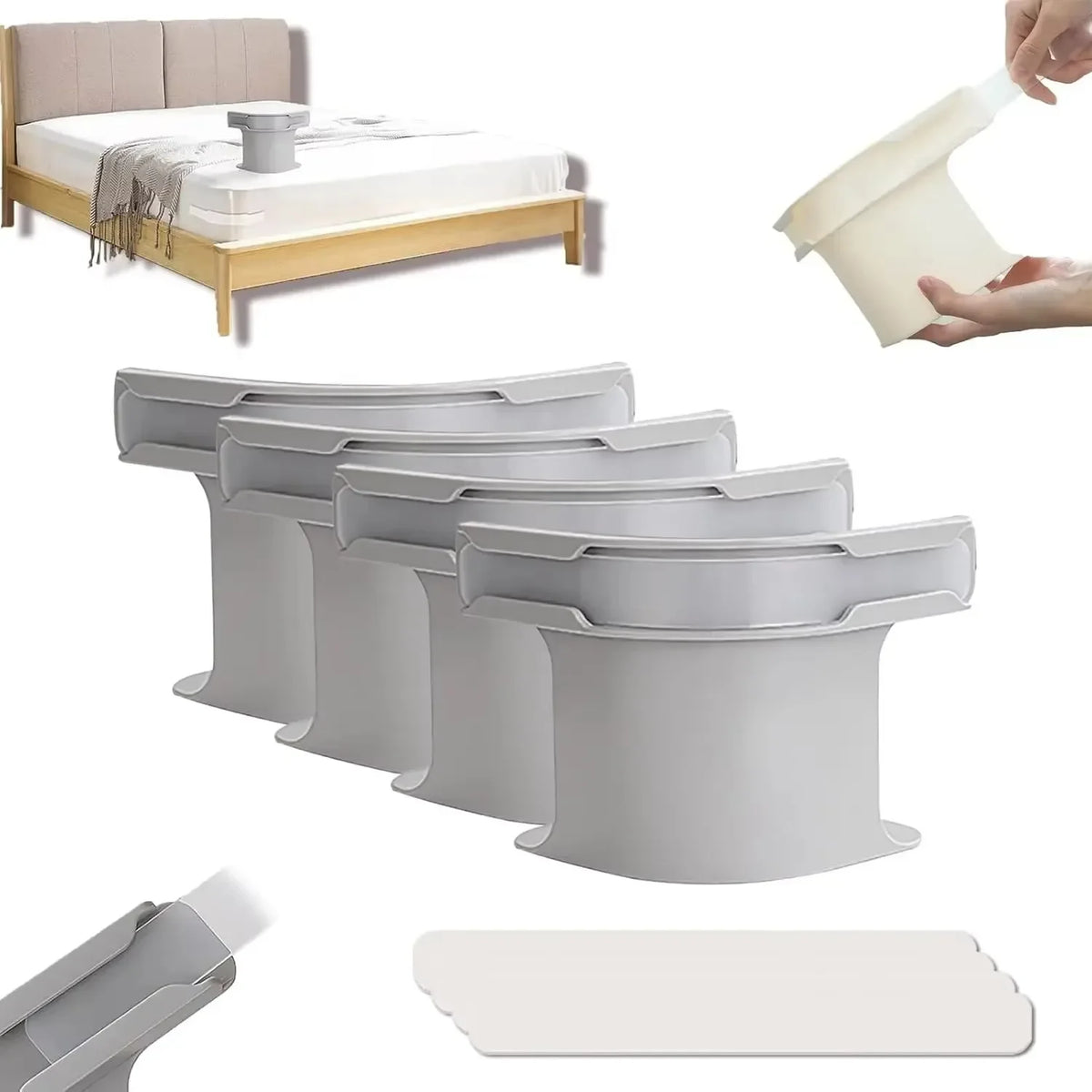 A set of four heavy duty bed sheet corner tightener clips in a light gray color are shown with a bed and a hand applying the 