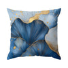 A square cushion pillow featuring blue feather texture with gold accents on a white background.