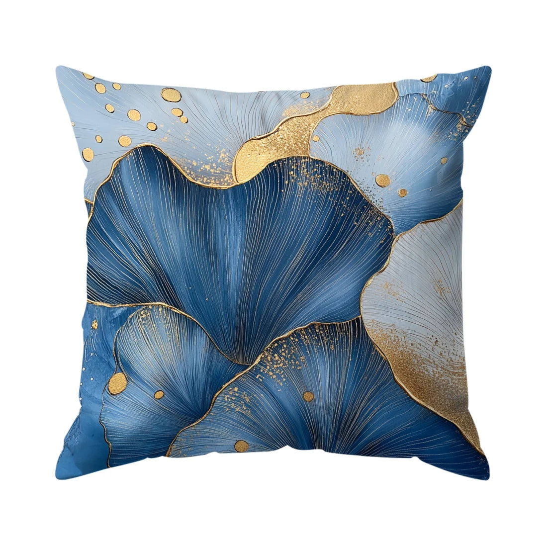 A square cushion pillow featuring blue feather texture with gold accents on a white background.