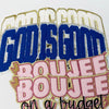 Gold and blue embroidery patches featuring the text GODISGOD and BOUJEE on a budget