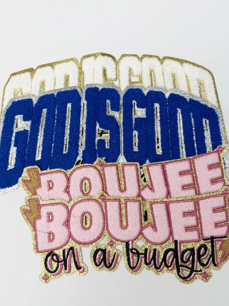 Gold and blue embroidery patches featuring the text GODISGOD and BOUJEE on a budget