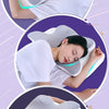 A woman is relaxing with a memory foam contour neck pillow, stretching her hands, in a purple background.