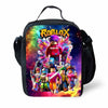 A black cartoon crossbody lunch bag featuring a vibrant Roblox theme with characters and colorful graphics.