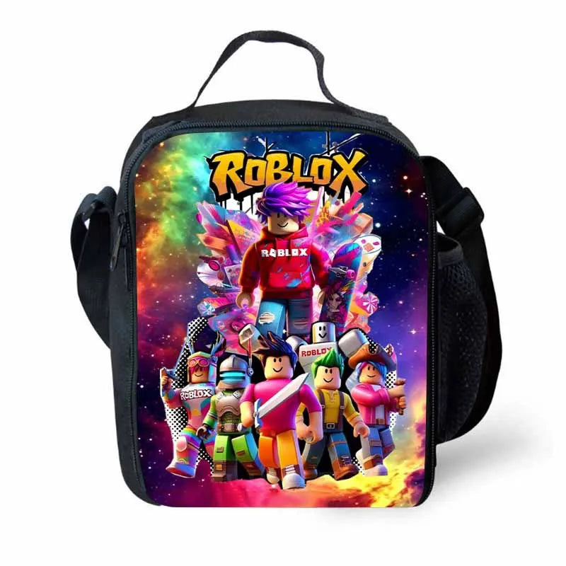 A black cartoon crossbody lunch bag featuring a vibrant Roblox theme with characters and colorful graphics.