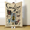 A beige flannel throw blanket featuring a black line drawing of a girl named Coraline surrounded by various whimsical illustr