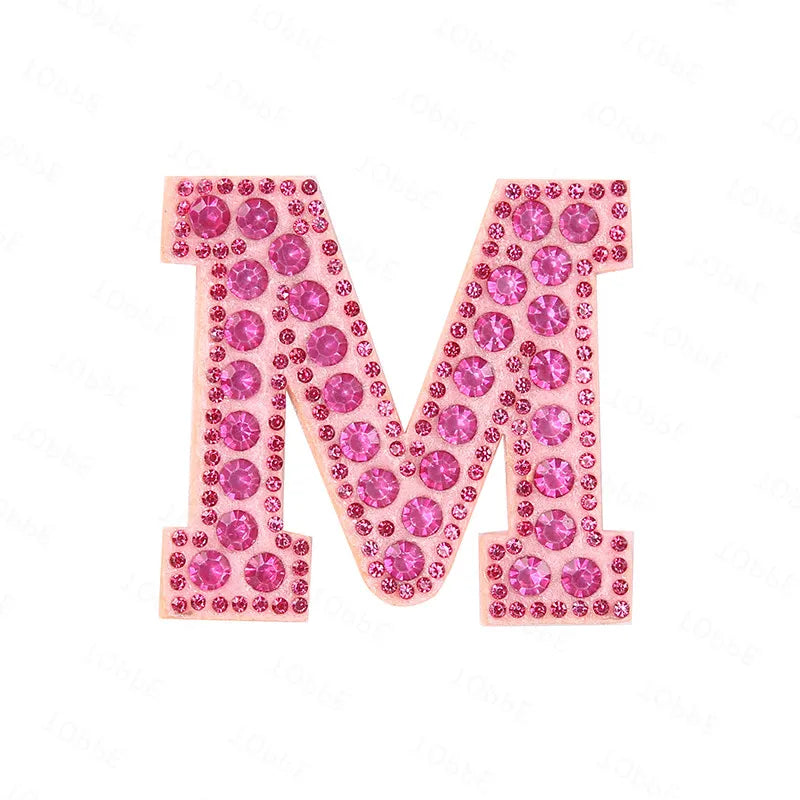 Pink rhinestone letter M patch for DIY craft project