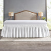 Elegant white elastic bed skirt with ruffles displayed on a bed against a gray wall.