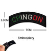 Black embroidered patch with the word CHINGON in green and red thread