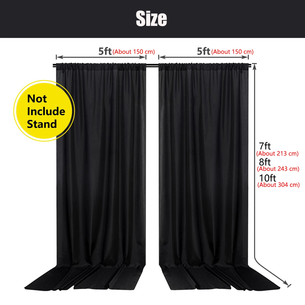 A pair of black curtain panels shown with size measurements and a stand context.