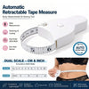 White automatic retractable tape measure for body measurement and sewing, showing dual scale cm and inch.