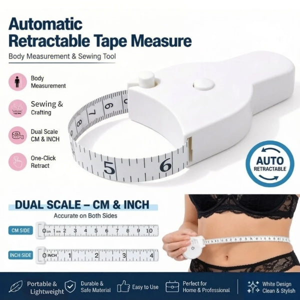 White automatic retractable tape measure for body measurement and sewing, showing dual scale cm and inch.
