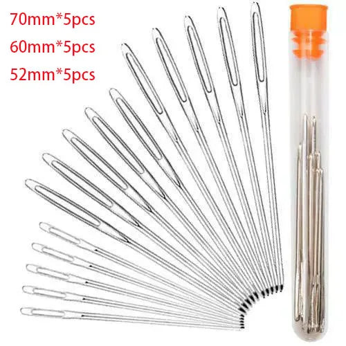 Stainless steel large eye hand sewing needle kit with multiple sizes and a storage tube