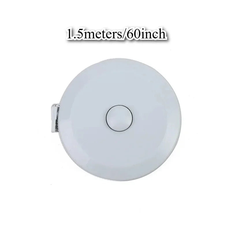 A round white measurement tape with a retractable mechanism, labeled 1.5 meters or 60 inches.