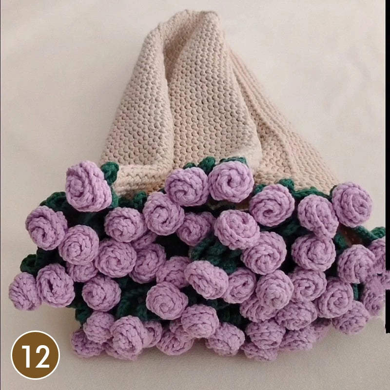 Hand knitted floral rose bouquet throw blanket in purple and green colors