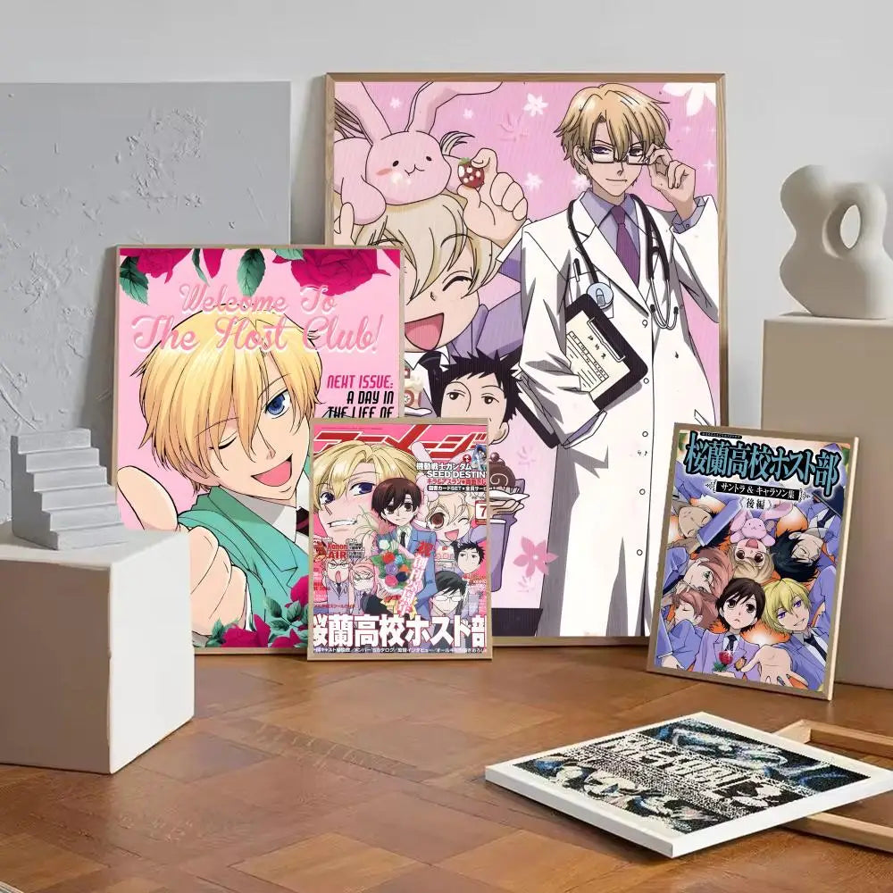 A collection of posters featuring characters from Ouran High School Host Club in various art styles and illustrations.