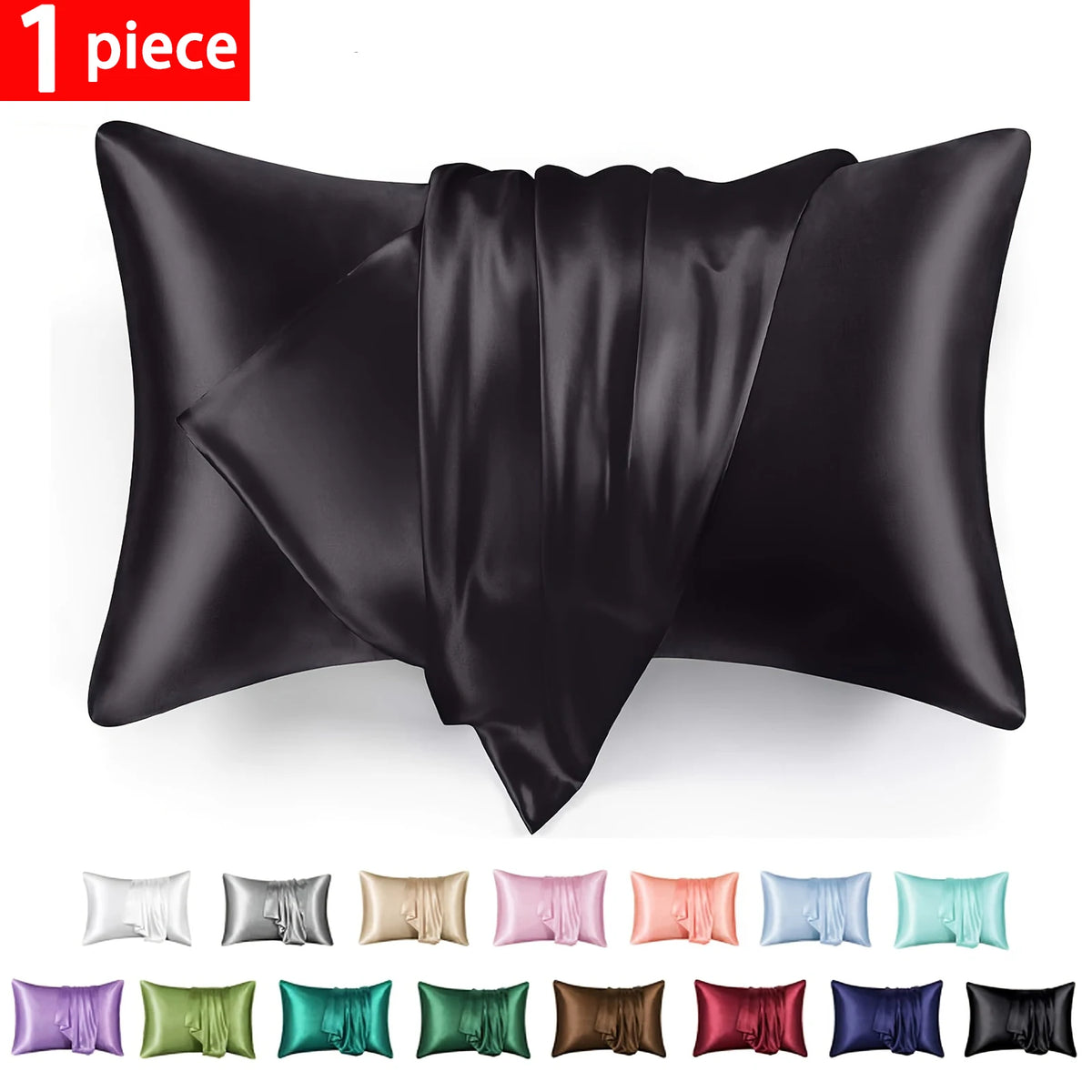 Black satin pillowcase with an envelope closure shown in various colors.