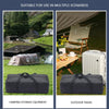 A black durable Oxford cloth storage bag shown in two contexts: camping storage and outdoor travel.