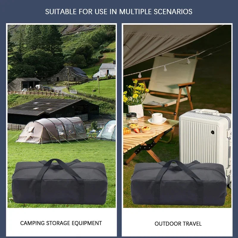 A black durable Oxford cloth storage bag shown in two contexts: camping storage and outdoor travel.