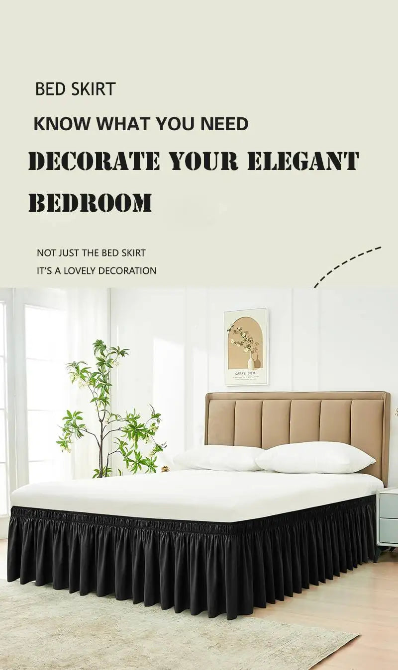 A black ruffled bed skirt is shown decorating a bedroom with a white bed and light-colored decor.