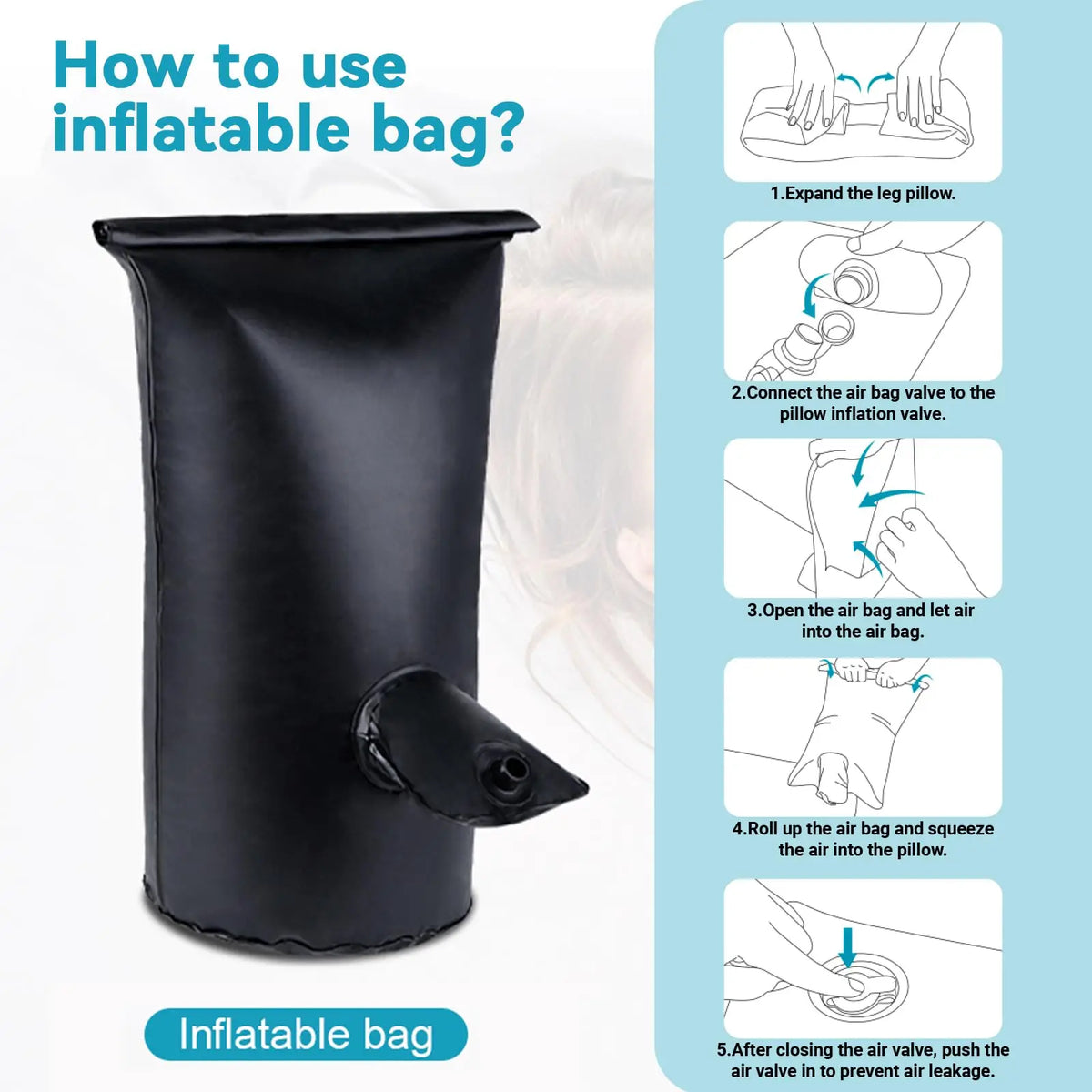 A black inflatable bag used as a leg elevation wedge pillow for pain relief.